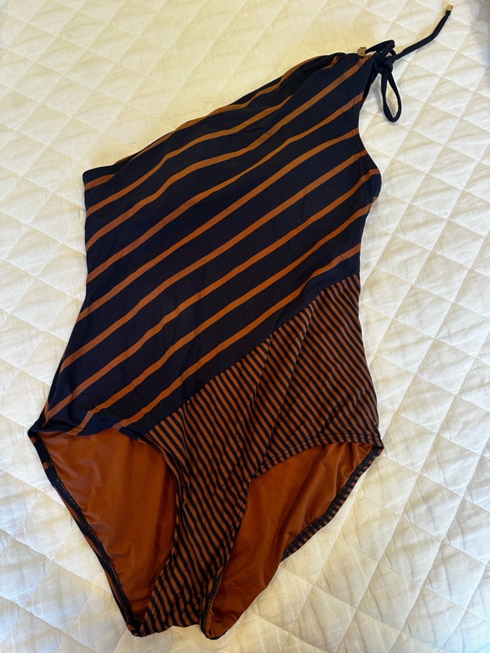 DKNY Navy and Rust Striped One-Shoulder One-Piece Swimsuit